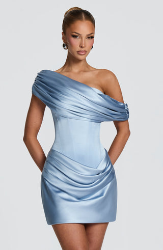 Satin Draped Off-Shoulder Sleeveless Mini Dress with Lace-Up Back