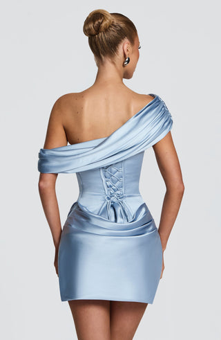 Satin Draped Off-Shoulder Sleeveless Mini Dress with Lace-Up Back