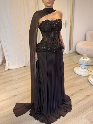 Strapless Sleeveless Beaded Lace Corset Pleated Long Dress with Draped Scarf