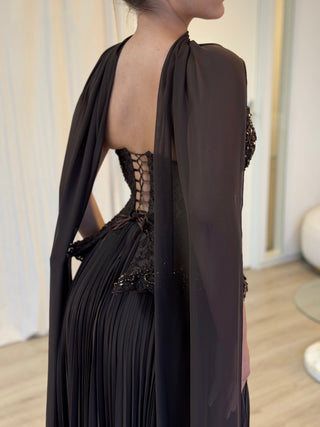 Strapless Sleeveless Beaded Lace Corset Pleated Long Dress with Draped Scarf