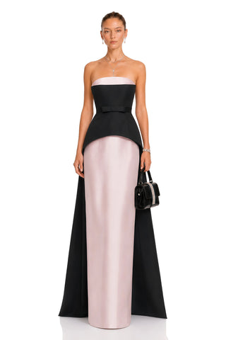 Strapless Satin Peplum Long Dress with Contrast Panel