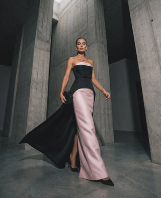 Strapless Satin Peplum Long Dress with Contrast Panel
