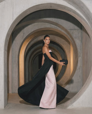 Strapless Satin Peplum Long Dress with Contrast Panel