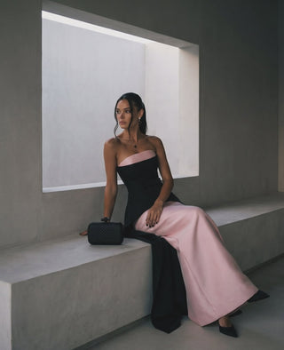 Strapless Satin Peplum Long Dress with Contrast Panel