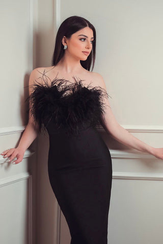 Kylie Elegant Strapless Bandage Feather Long Dress