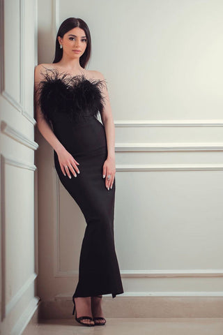 Kylie Elegant Strapless Bandage Feather Long Dress