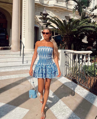 Daisy Embroidered Strapless Ruffles Mini Dress