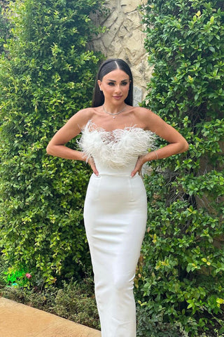 Kylie Elegant Strapless Bandage Feather Long Dress