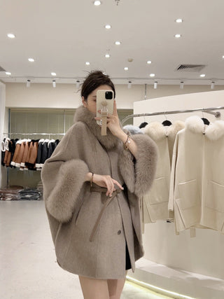 Luxurious Fur-Trimmed Robe Cape Coat