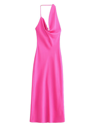 Satin Cowl Neck Halter Long Dress