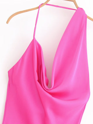 Satin Cowl Neck Halter Long Dress