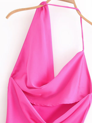 Satin Cowl Neck Halter Long Dress