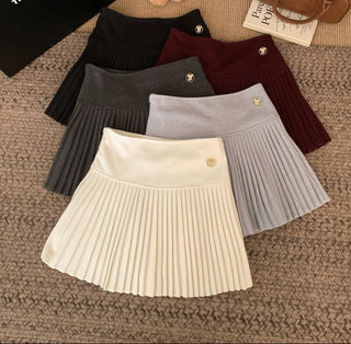 High-Waist Wool Pleated Skort with Gold Button Detail