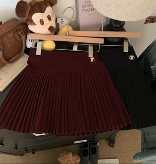 High-Waist Wool Pleated Skort with Gold Button Detail