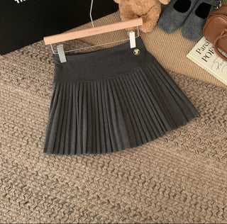 High-Waist Wool Pleated Skort with Gold Button Detail