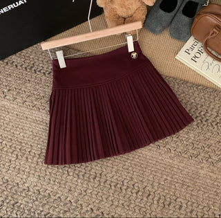High-Waist Wool Pleated Skort with Gold Button Detail