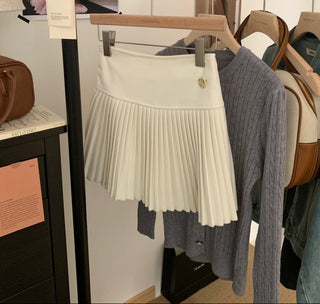 High-Waist Wool Pleated Skort with Gold Button Detail