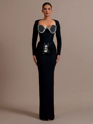 Long Sleeve Bandage Embellished Bust Bodycon Long Dress
