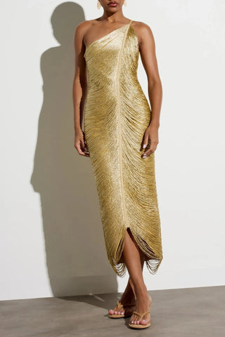 One-Shoulder Metallic Fringe Bandage Midi Dress with Back Slit