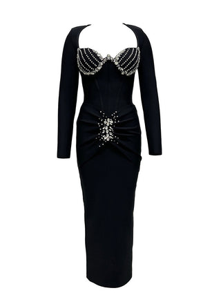 Long Sleeve Bandage Embellished Bust Bodycon Long Dress