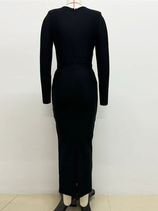 Long Sleeve Bandage Embellished Bust Bodycon Long Dress