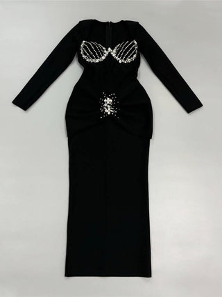 Long Sleeve Bandage Embellished Bust Bodycon Long Dress