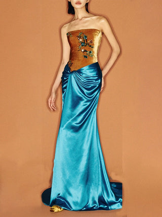 Strapless Velvet and Satin Draped Long Dress with Sequin Floral Embellishment
