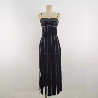 Spaghetti Strap Denim Long Dress with Contrast Stitching and Front Slit