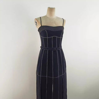 Spaghetti Strap Denim Long Dress with Contrast Stitching and Front Slit