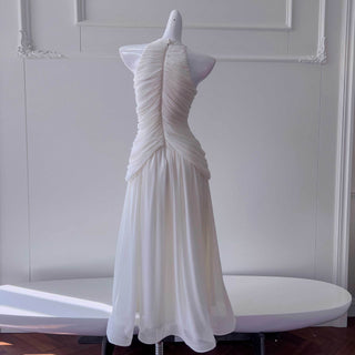 Halter Neck Draped Chiffon Mid-Long Dress with Pearl Embellishments