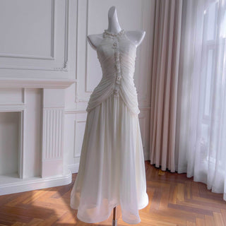 Halter Neck Draped Chiffon Mid-Long Dress with Pearl Embellishments