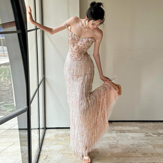 Embellished Floral Lace Long Dress with Beaded Fringe Detail