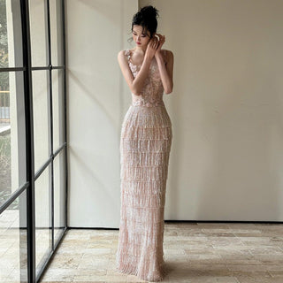 Embellished Floral Lace Long Dress with Beaded Fringe Detail