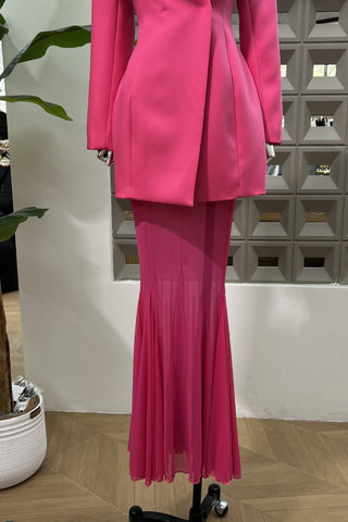 Long-Sleeve Structured Crepe Blazer & Pleated Mesh Skirt Set – Tailored Design