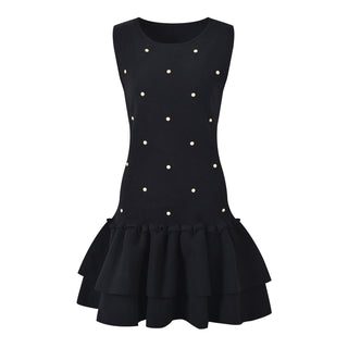 Sleeveless Pearl-Embellished Mini Dress with Layered Ruffled Hem