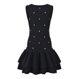 Sleeveless Pearl-Embellished Mini Dress with Layered Ruffled Hem