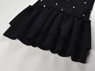 Sleeveless Pearl-Embellished Mini Dress with Layered Ruffled Hem