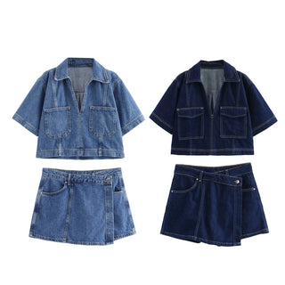 Short Sleeve Denim Top & Asymmetric Skort Set