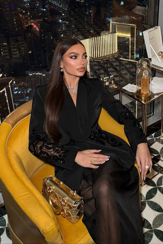 Embellished Blazer & Sheer Wide-Leg Pant Set