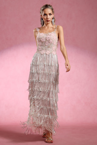 Embellished Floral Lace Long Dress with Beaded Fringe Detail