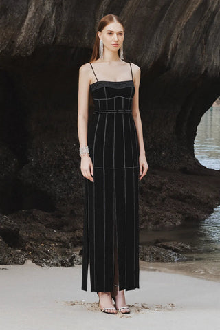Spaghetti Strap Denim Long Dress with Contrast Stitching and Front Slit