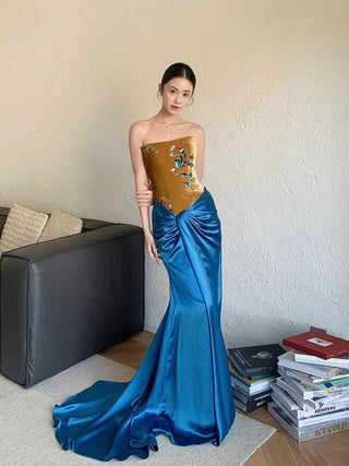 Strapless Velvet and Satin Draped Long Dress with Sequin Floral Embellishment