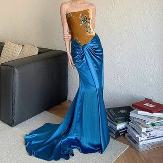 Strapless Velvet and Satin Draped Long Dress with Sequin Floral Embellishment