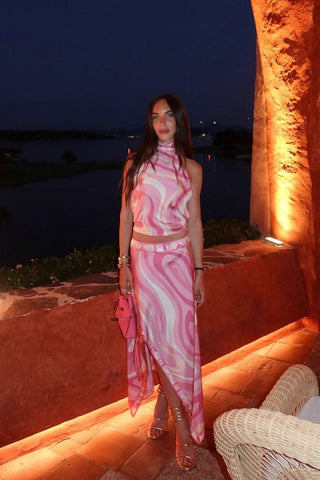 Two-Piece Satin Halter Top and Asymmetric Skirt Set with Abstract Print