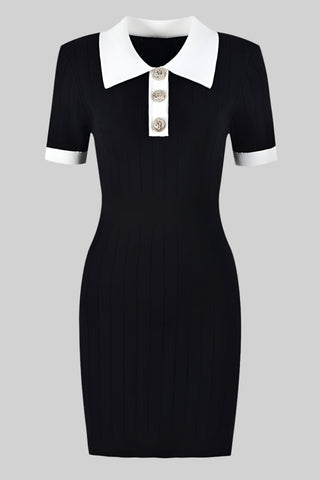Short-Sleeve Ribbed Knit Polo Mini Dress