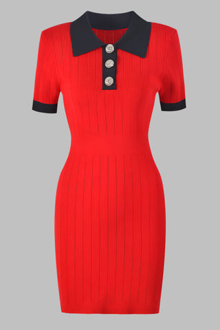 Short-Sleeve Ribbed Knit Polo Mini Dress
