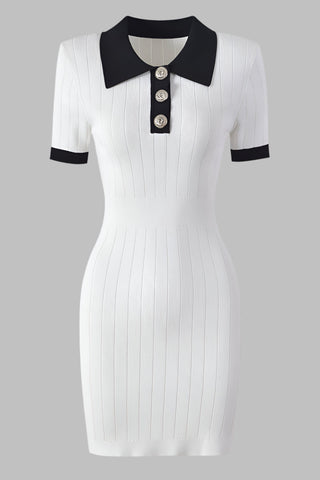 Short-Sleeve Ribbed Knit Polo Mini Dress