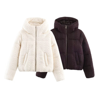 Cable Knit Puffer Jacket with Hood – Warm Padded Winter Coat, Soft Knit Fabric, Long Sleeve