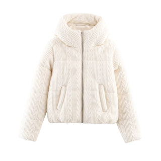 Cable Knit Puffer Jacket with Hood – Warm Padded Winter Coat, Soft Knit Fabric, Long Sleeve