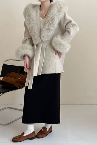 Luxury Belted Wool Coat with Faux Fur-Trimmed Hood and Cuffs